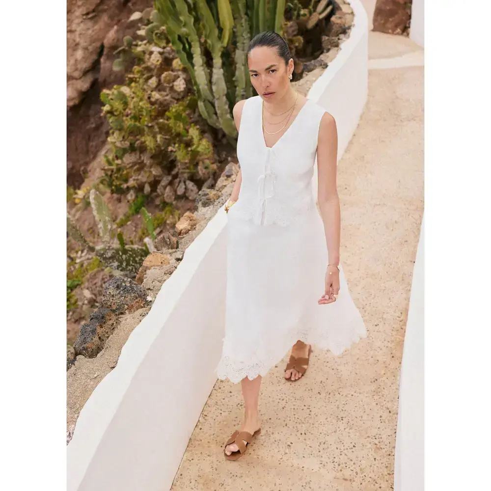 Mint Velvet White Ramie Lace Trim Midi Skirt